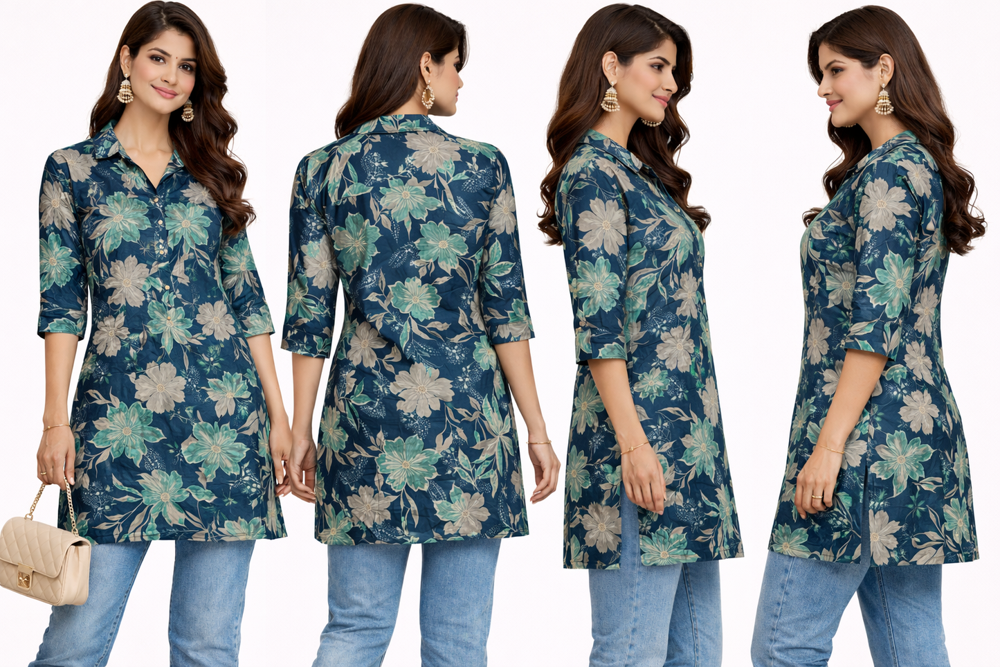 Women Floral Printed Shirt Style Kurti | Casual Short Top | Stylish Straight Kurta for Women