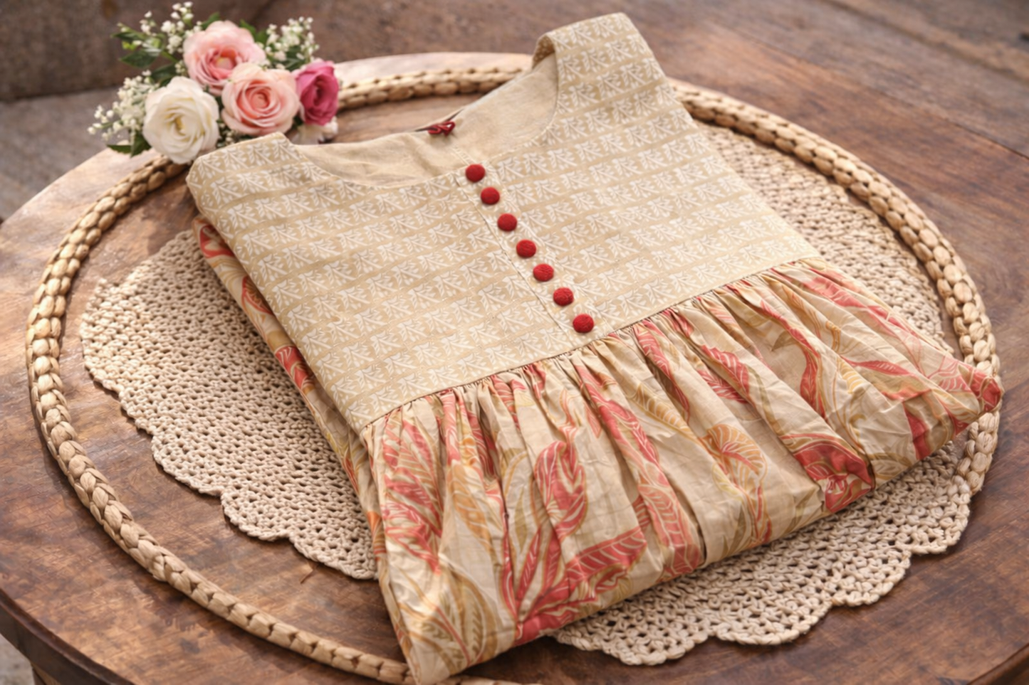 Women Printed Anarkali Kurta | Beige Floral Ethnic Dress | Festive & Casual Wear Kurti for Women