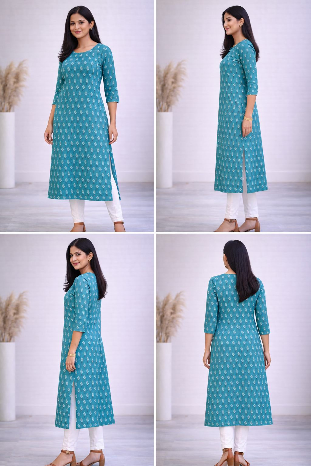 Women Teal Blue Printed Straight Kurta | Elegant Daily Wear Ethnic Kurti