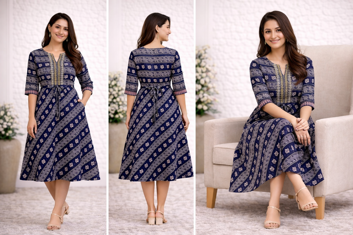 Navy Blue Printed Cotton Anarkali Kurti for Women with 3/4 Sleeves