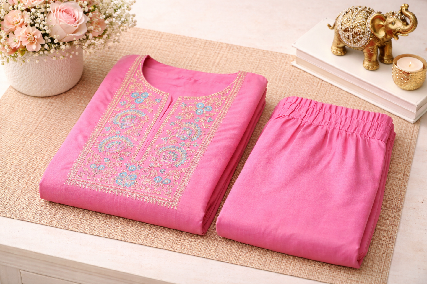 Women Pink Embroidered Straight Kurta Pant Set | Ethnic Daily Wear Kurti Set