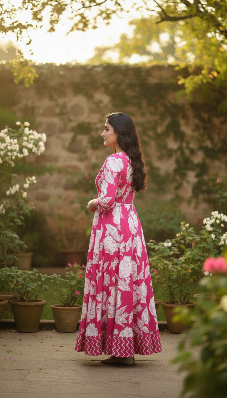 Pink Floral Printed Cotton Anarkali Kurta for Women with 3/4 Sleeves