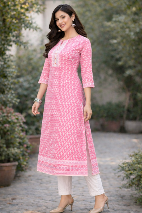 Pink Cotton Straight Kurta for Women with Dhaga Work & 3/4 Sleeves
