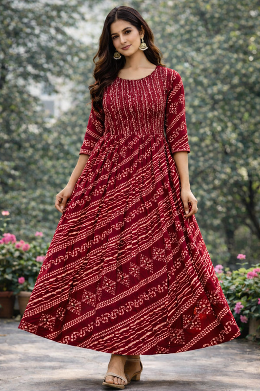 Women Printed Anarkali Kurta | Red Ethnic Long Dress | Casual & Festive Wear Kurti for Women