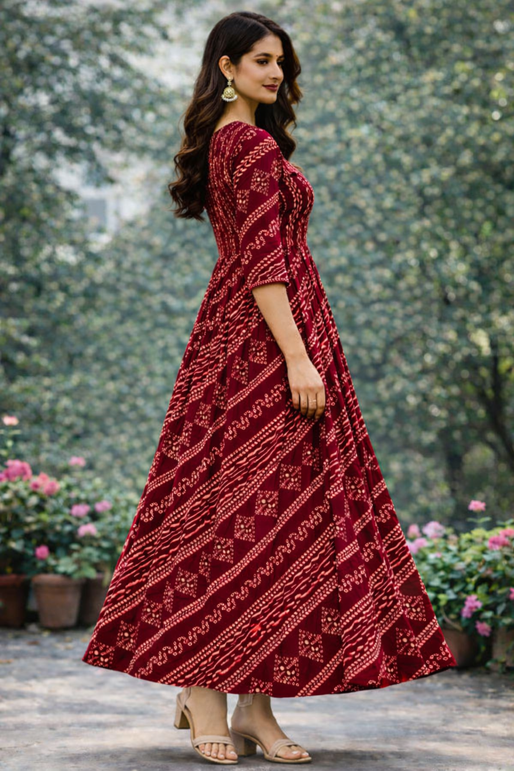 Women Printed Anarkali Kurta | Red Ethnic Long Dress | Casual & Festive Wear Kurti for Women
