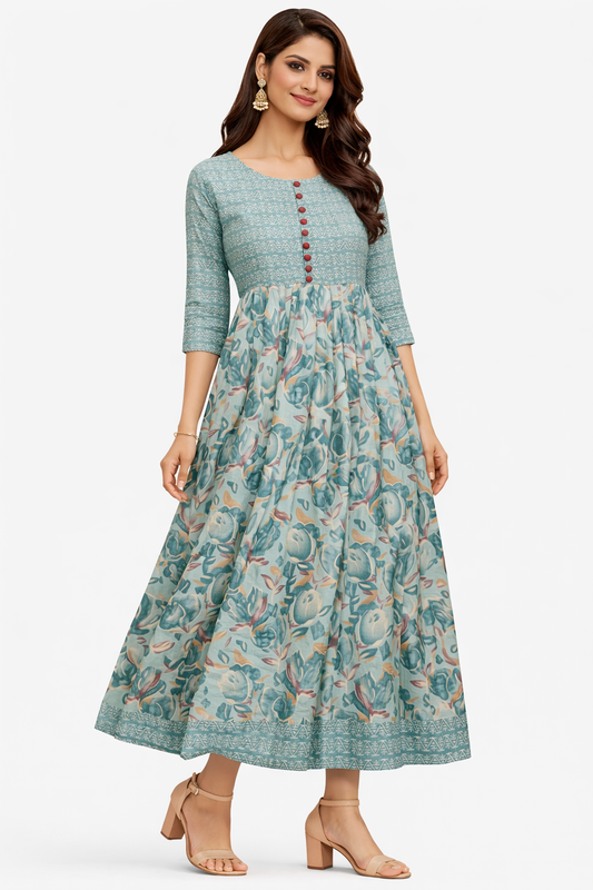 Women Printed Anarkali Kurta | Sea Green Floral Ethnic Dress | Casual & Festive Wear Kurti for Women