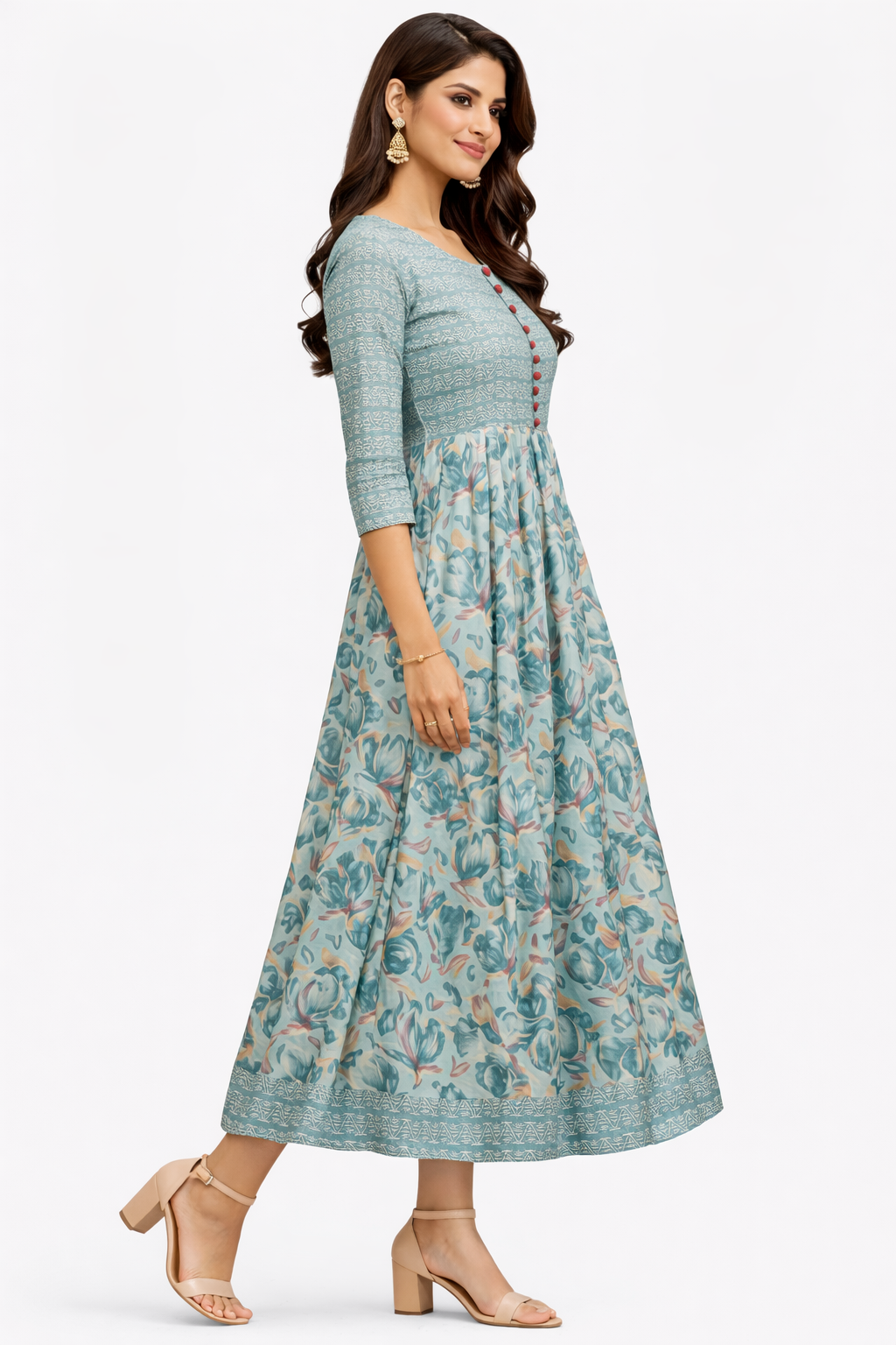 Women Printed Anarkali Kurta | Sea Green Floral Ethnic Dress | Casual & Festive Wear Kurti for Women