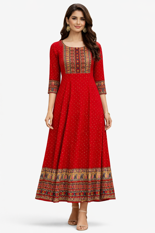 Women Printed Anarkali Kurta | Ethnic Flared Maxi Dress | Festive Wear Long Kurti