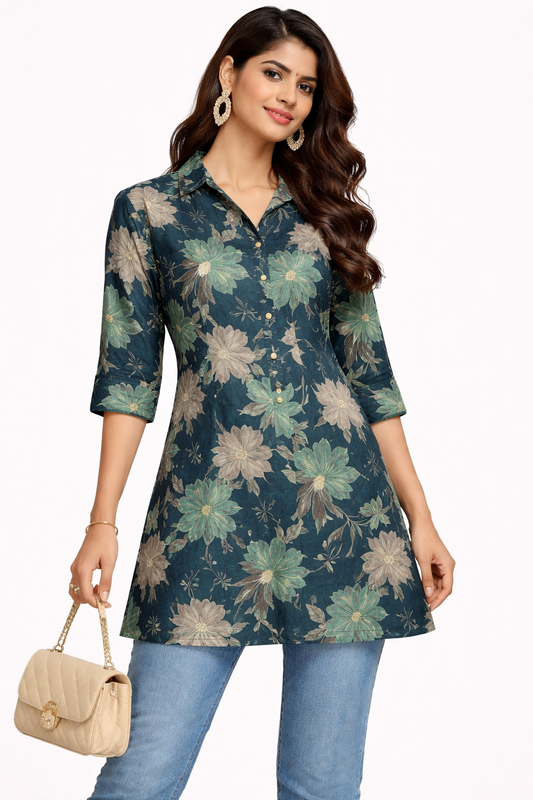 Women Floral Printed Shirt Style Kurti | Casual Short Top | Stylish Straight Kurta for Women