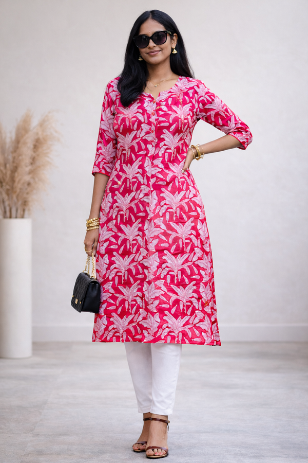 Women Pink Floral Printed Straight Kurta | Stylish Casual Ethnic Kurti