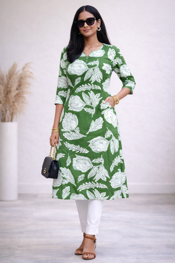 Women Green Floral Printed Straight Kurta | Stylish Casual Ethnic Kurti