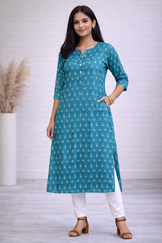 Women Teal Blue Printed Straight Kurta | Elegant Daily Wear Ethnic Kurti