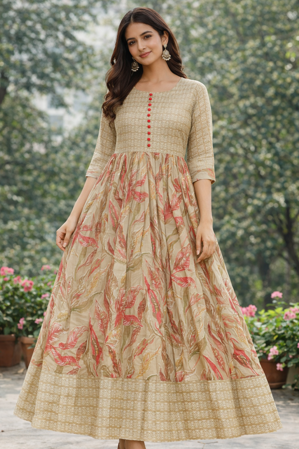 Women Printed Anarkali Kurta | Beige Floral Ethnic Dress | Festive & Casual Wear Kurti for Women