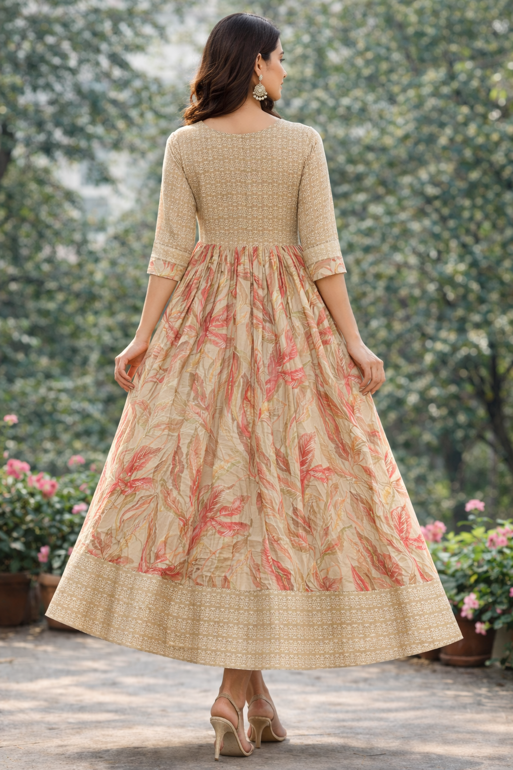 Women Printed Anarkali Kurta | Beige Floral Ethnic Dress | Festive & Casual Wear Kurti for Women