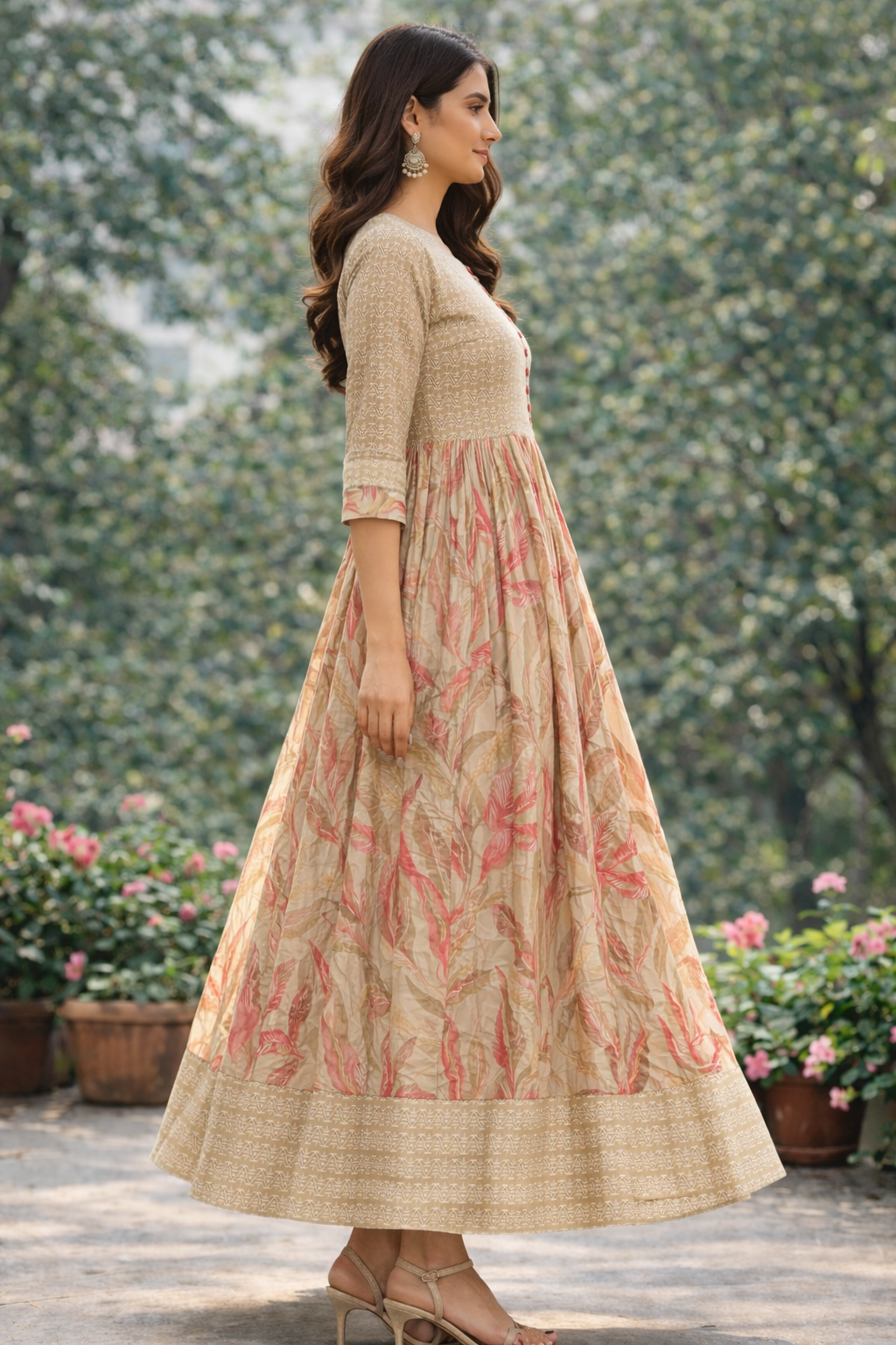 Women Printed Anarkali Kurta | Beige Floral Ethnic Dress | Festive & Casual Wear Kurti for Women
