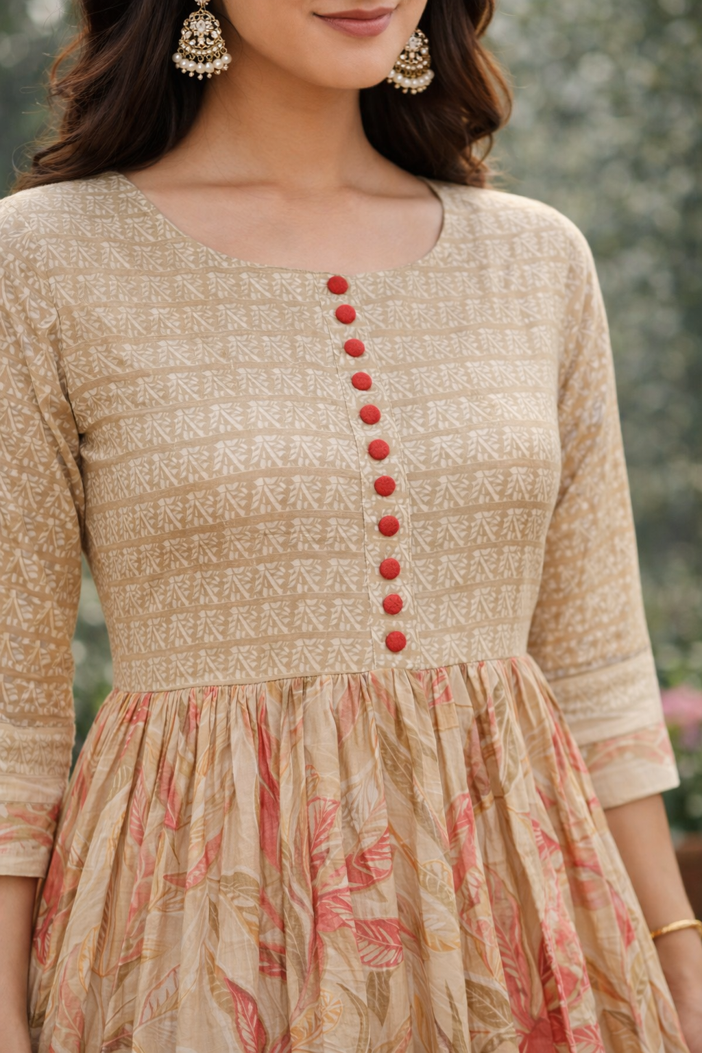 Women Printed Anarkali Kurta | Beige Floral Ethnic Dress | Festive & Casual Wear Kurti for Women