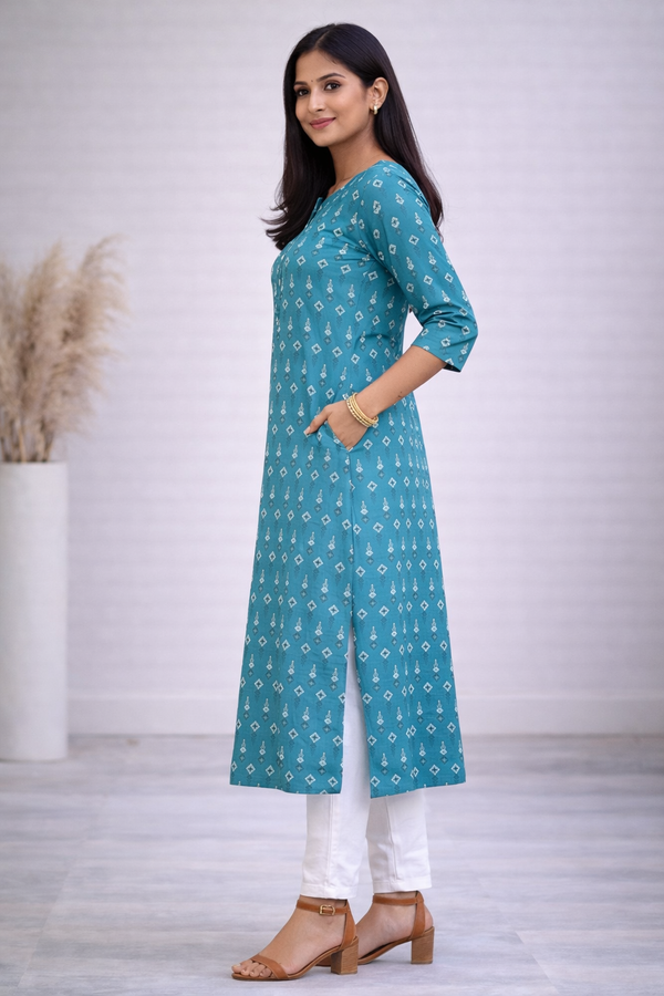 Women Teal Blue Printed Straight Kurta | Elegant Daily Wear Ethnic Kurti