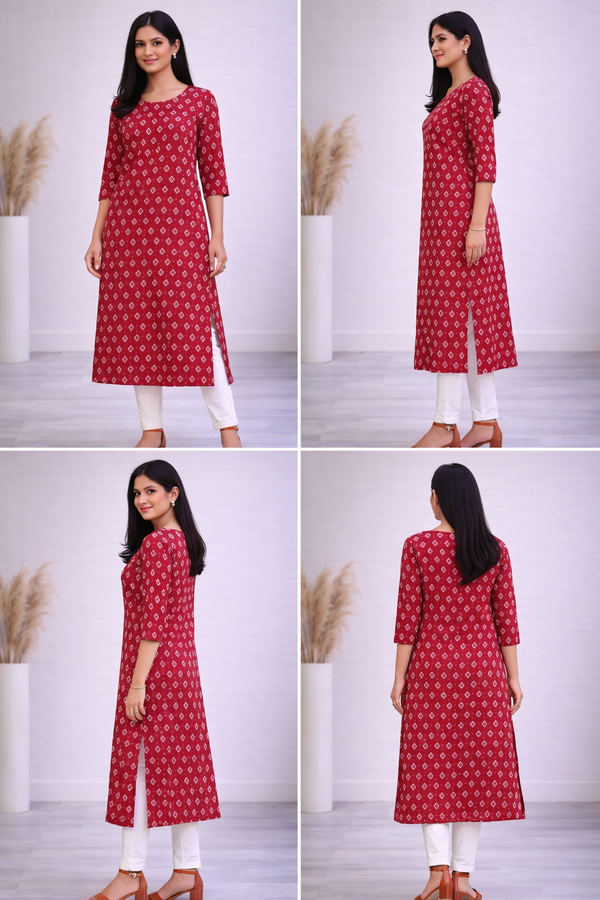 Women Red Printed Straight Kurta | Ethnic Daily Wear Kurti with 3/4 Sleeves