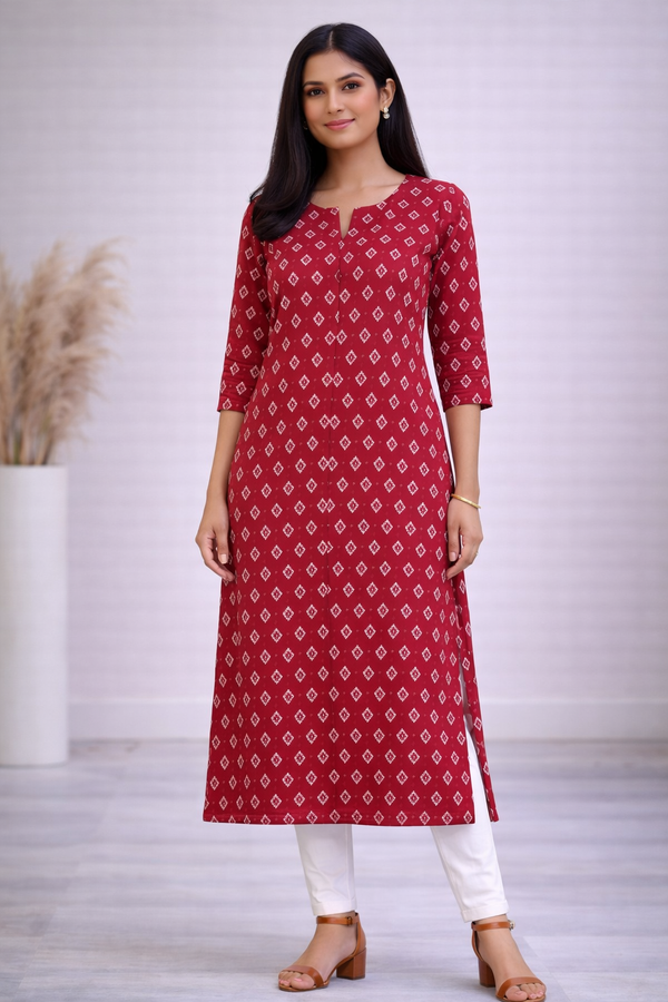Women Red Printed Straight Kurta | Ethnic Daily Wear Kurti with 3/4 Sleeves