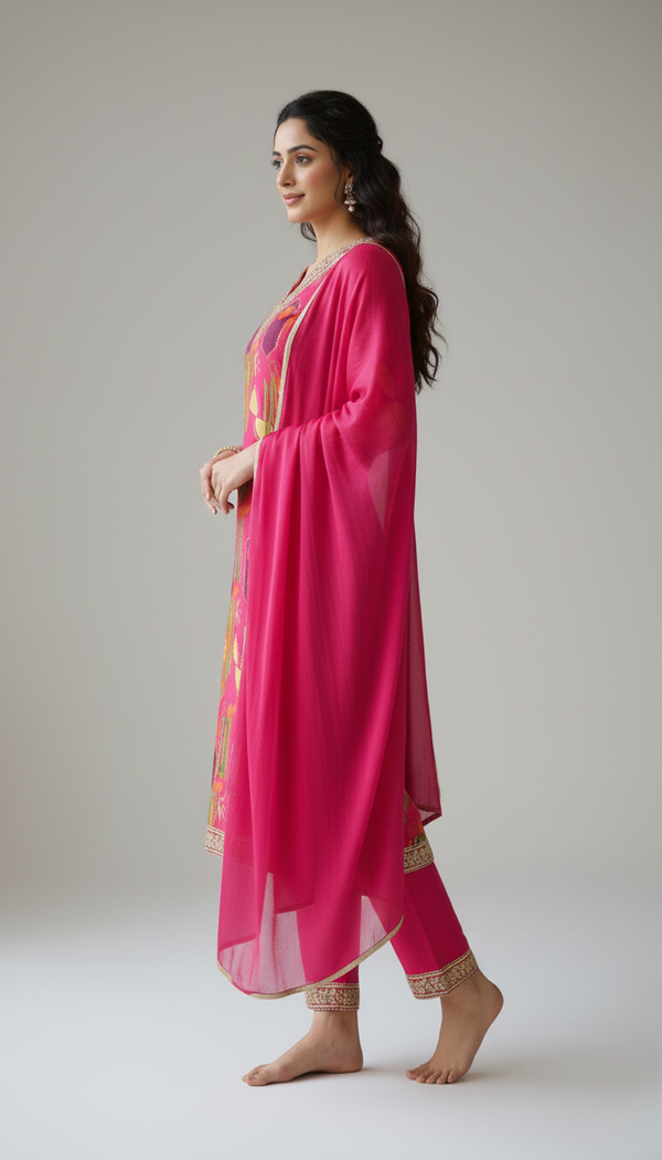 Rani Pink Printed Ethnic Kurta for Women with Elegant Neck Detailing