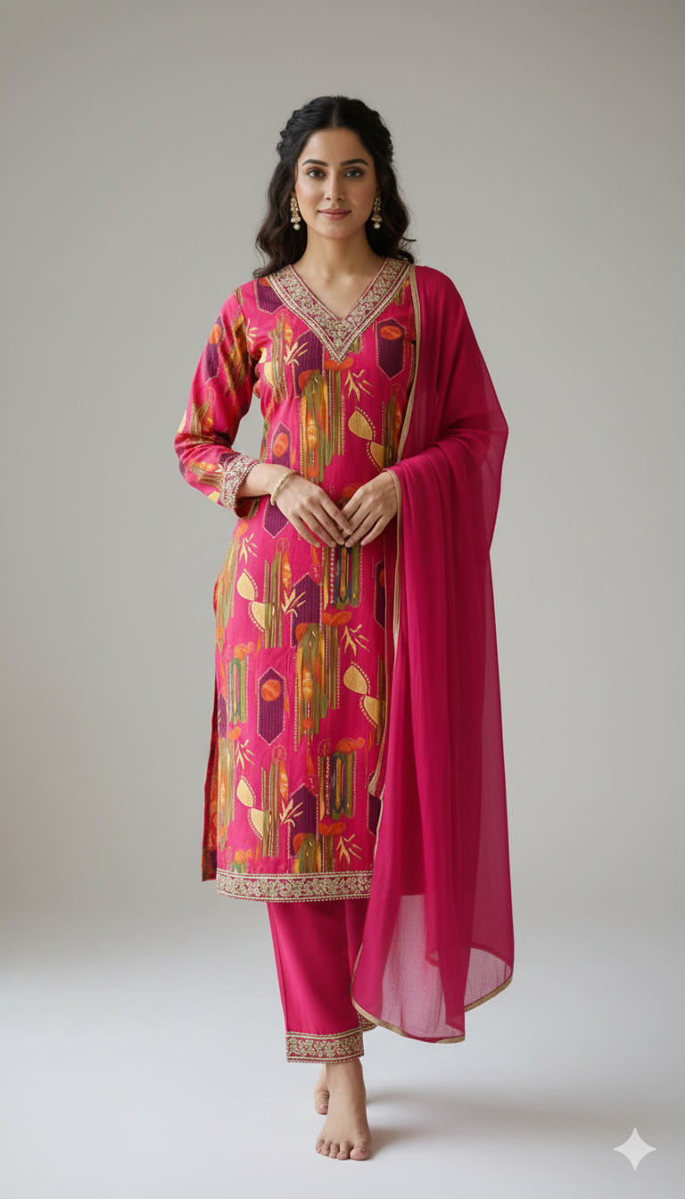 Rani Pink Printed Ethnic Kurta for Women with Elegant Neck Detailing