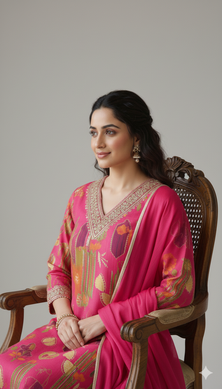 Rani Pink Printed Ethnic Kurta for Women with Elegant Neck Detailing