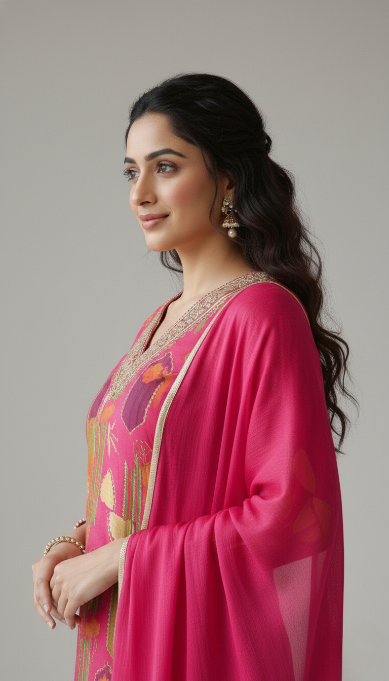 Rani Pink Printed Ethnic Kurta for Women with Elegant Neck Detailing