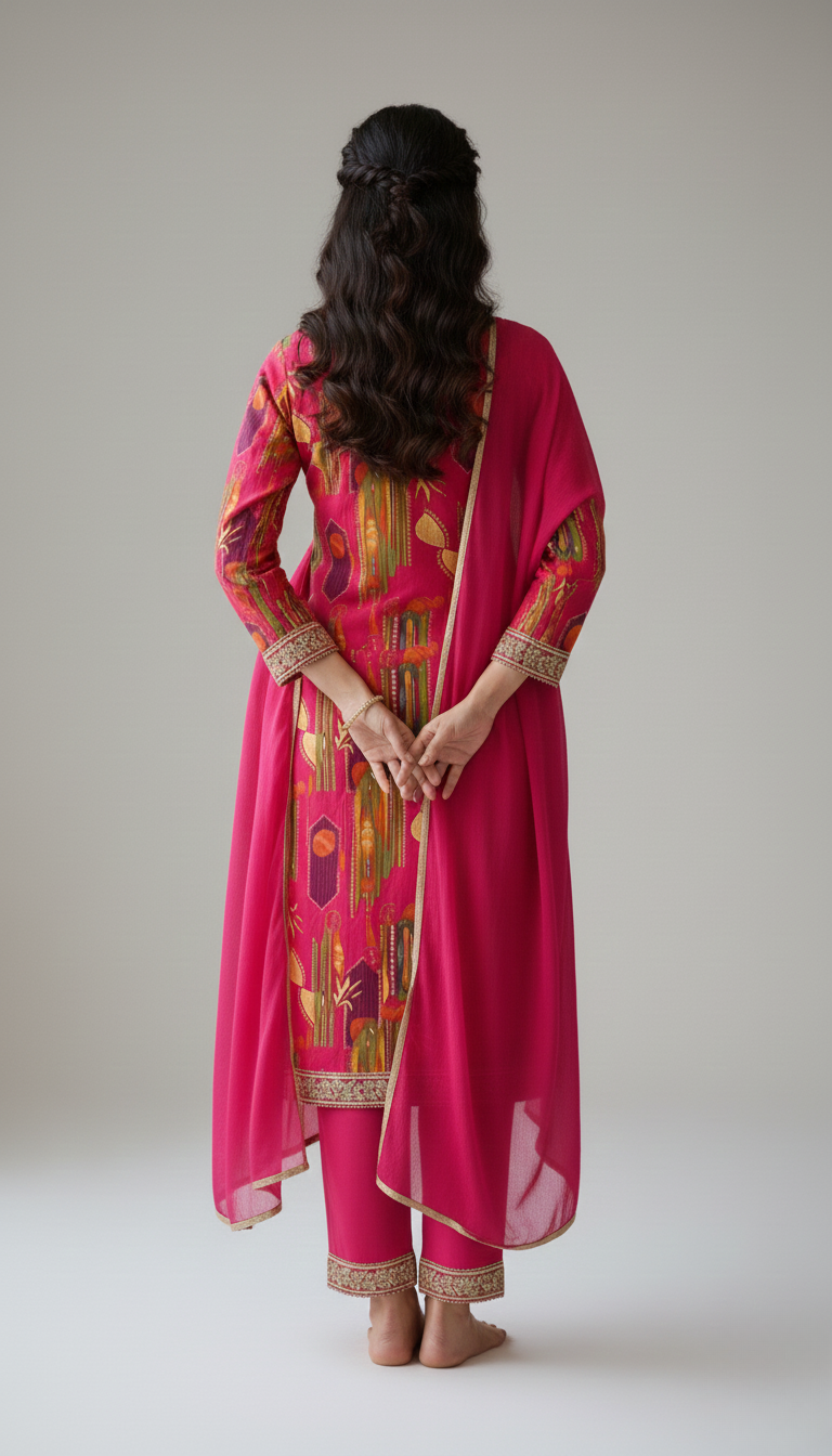 Rani Pink Printed Ethnic Kurta for Women with Elegant Neck Detailing