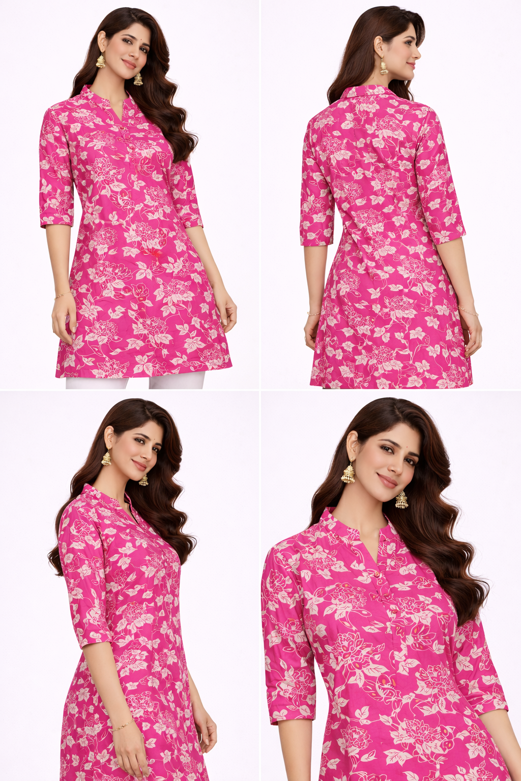Filmifashion Women Floral Printed Short Kurta | Mandarin Collar Casual Top | Stylish Western Wear Top