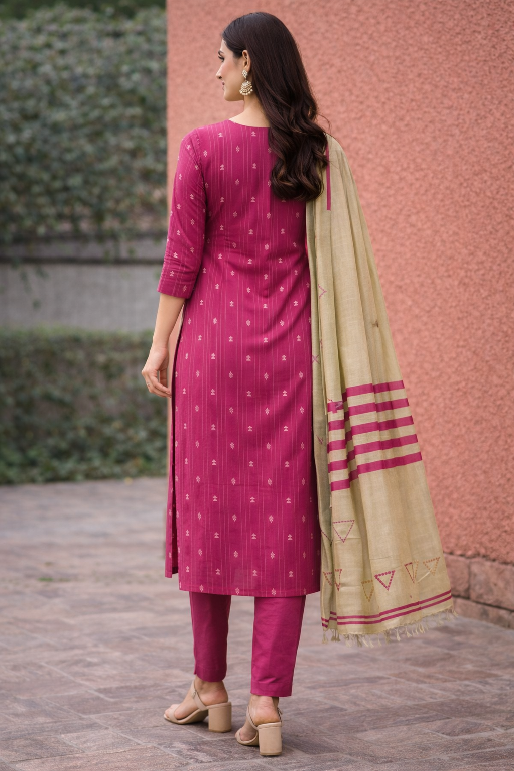 Women Rani Pink Straight Kurta Pant with Dupatta Set | Ethnic Printed Kurta Set for Women
