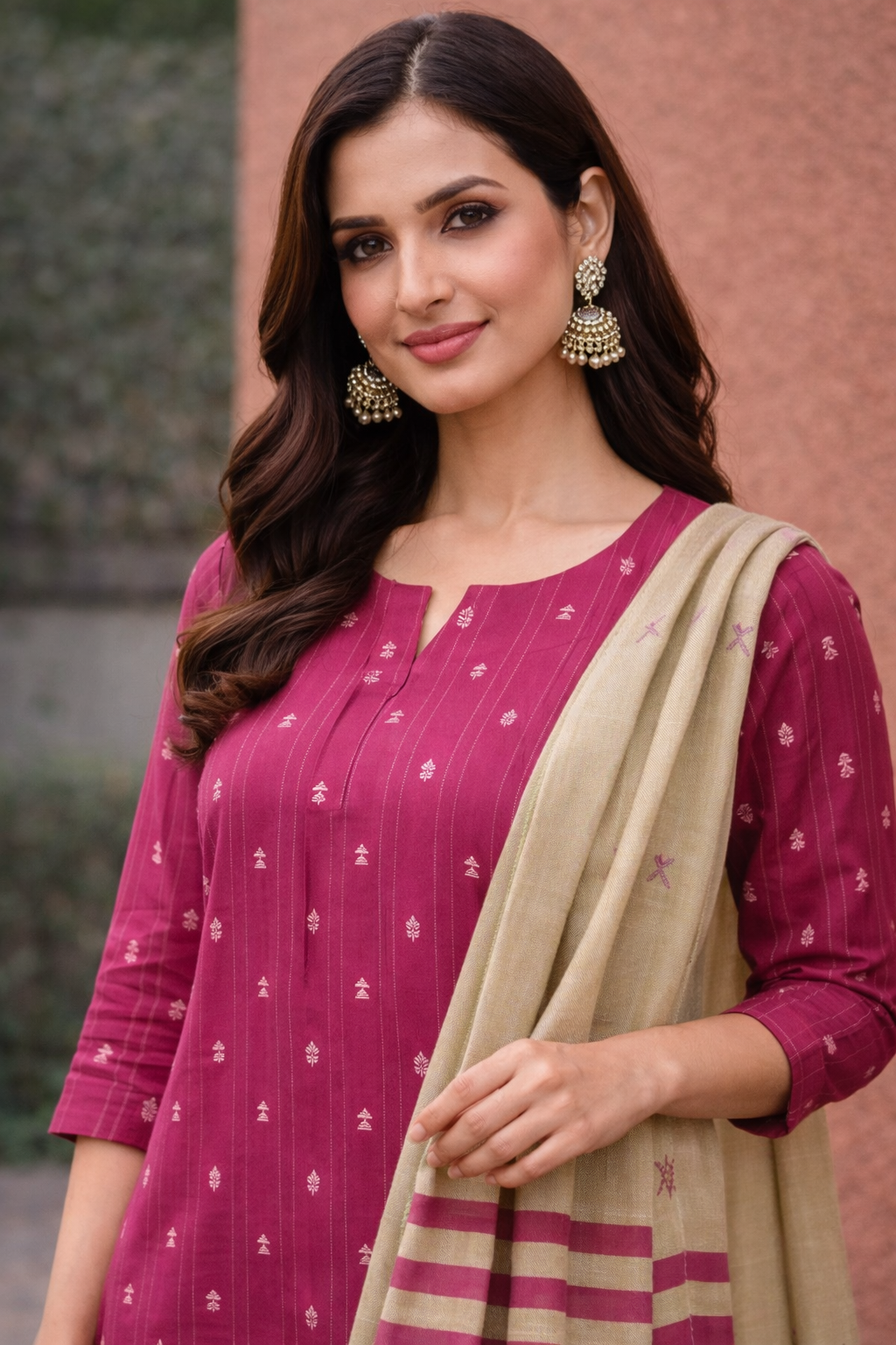 Women Rani Pink Straight Kurta Pant with Dupatta Set | Ethnic Printed Kurta Set for Women
