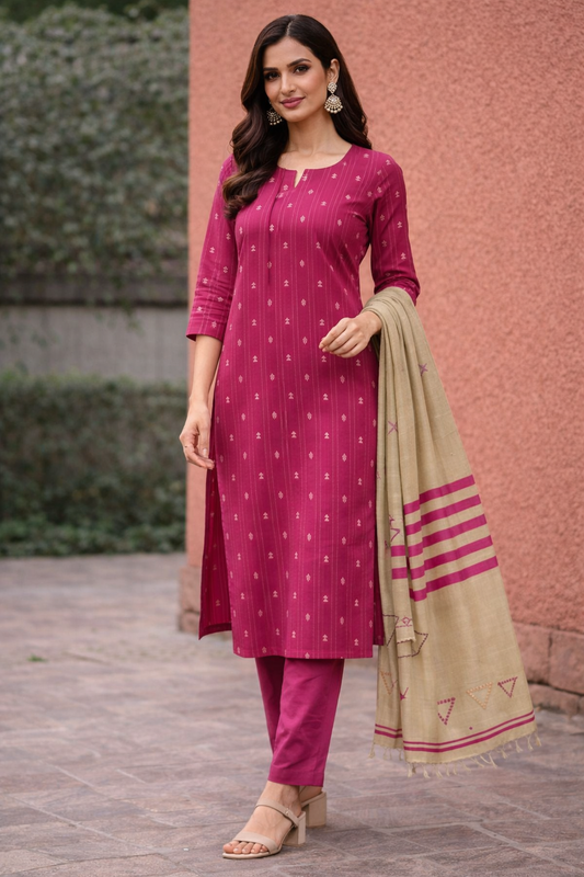 Women Rani Pink Straight Kurta Pant with Dupatta Set | Ethnic Printed Kurta Set for Women