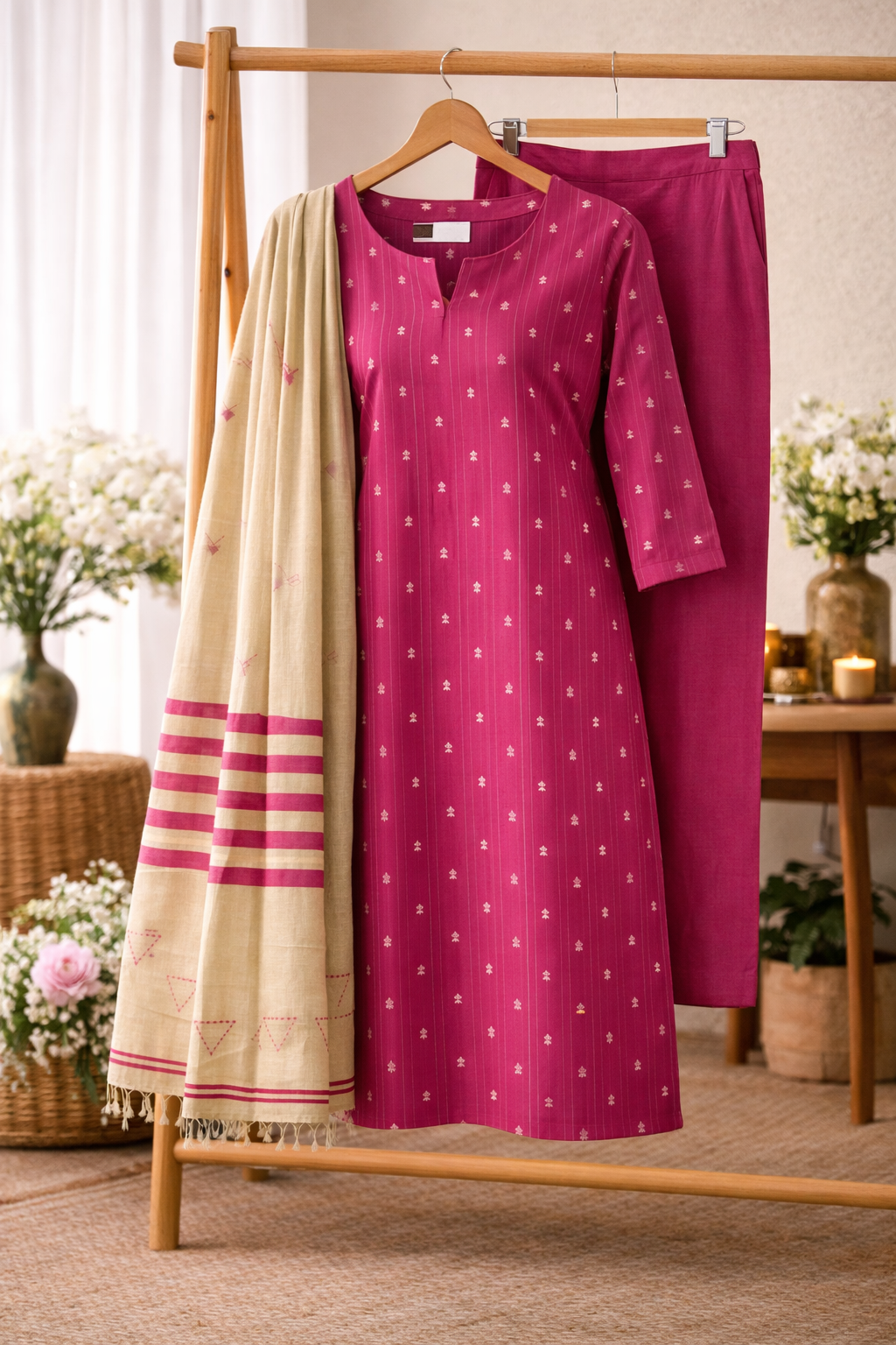 Women Rani Pink Straight Kurta Pant with Dupatta Set | Ethnic Printed Kurta Set for Women