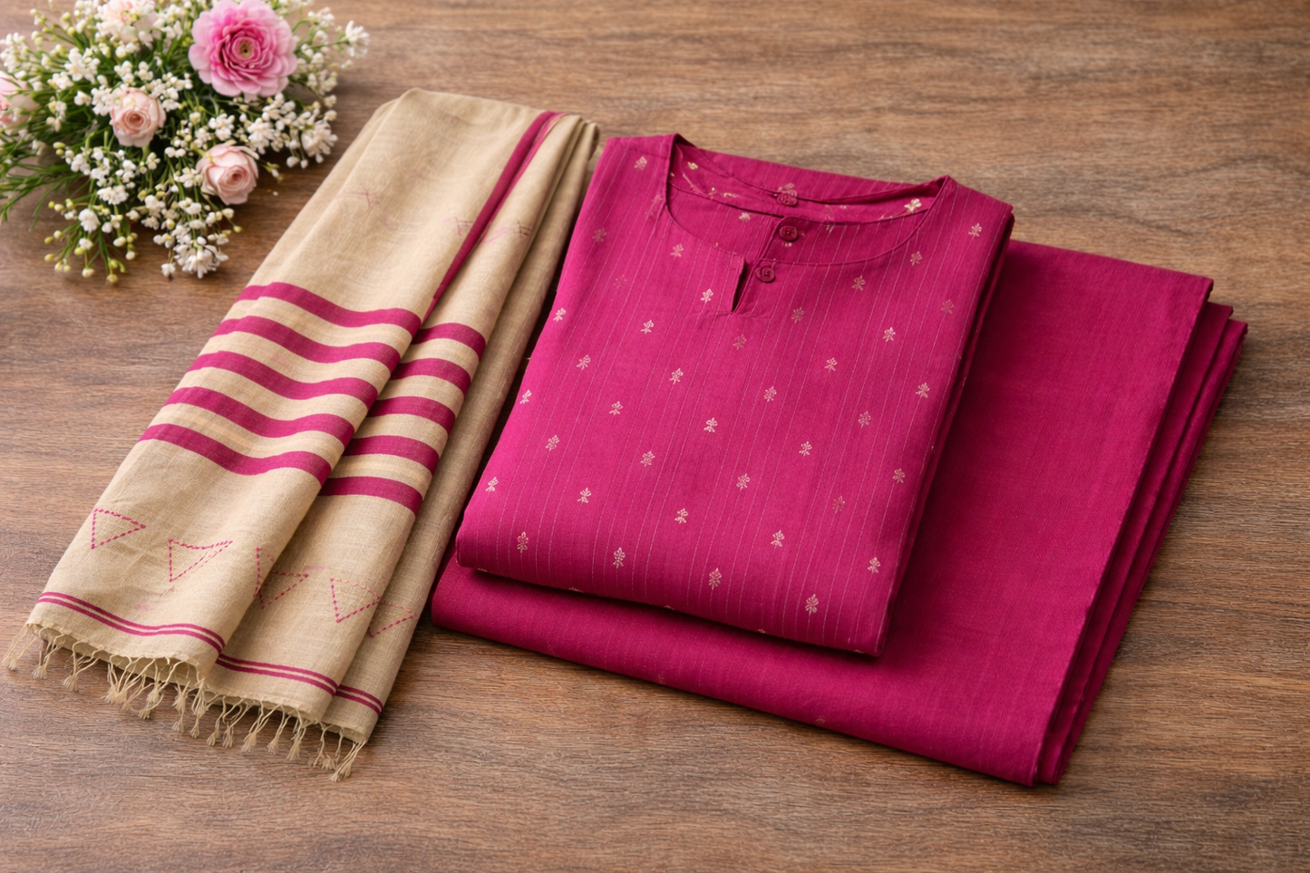 Women Rani Pink Straight Kurta Pant with Dupatta Set | Ethnic Printed Kurta Set for Women