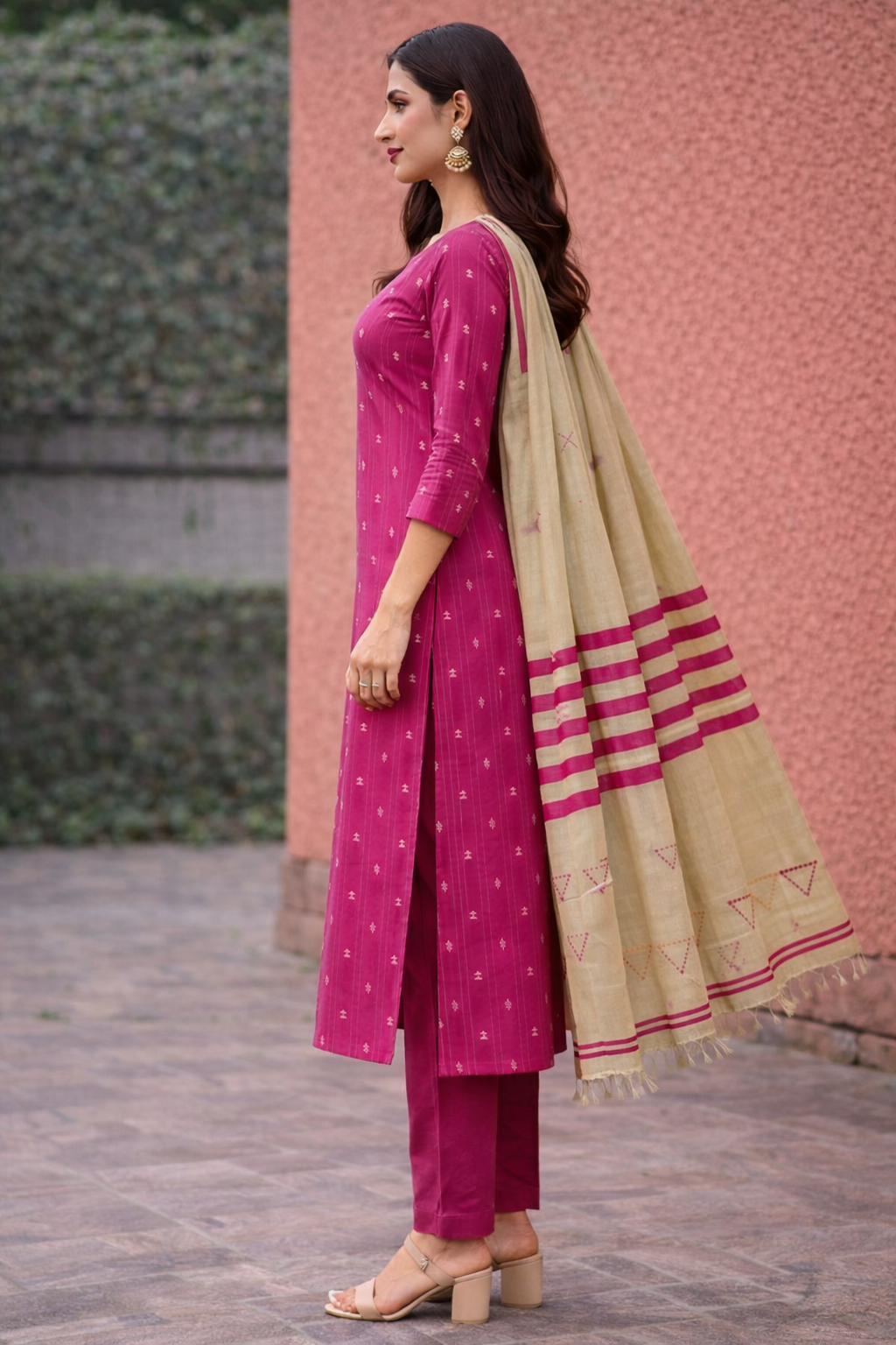 Women Rani Pink Straight Kurta Pant with Dupatta Set | Ethnic Printed Kurta Set for Women