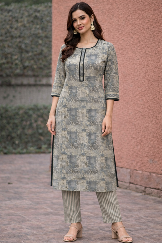 Women Grey Printed Straight Kurta with Pant Set | Ethnic Casual Wear Kurta Set for Women