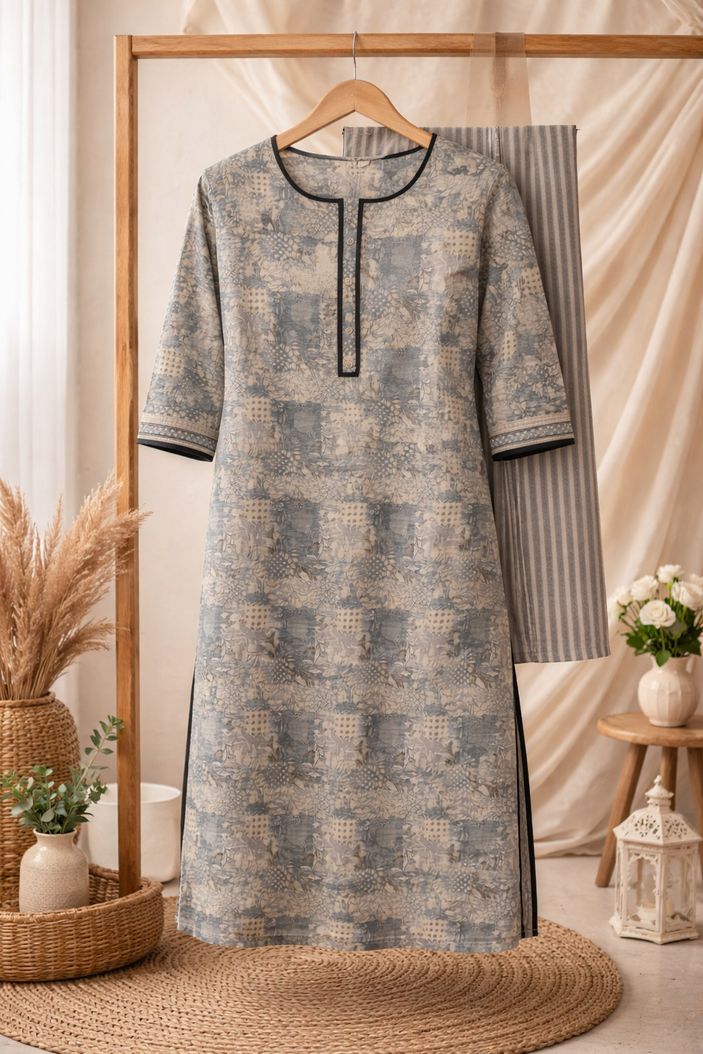 Women Grey Printed Straight Kurta with Pant Set | Ethnic Casual Wear Kurta Set for Women