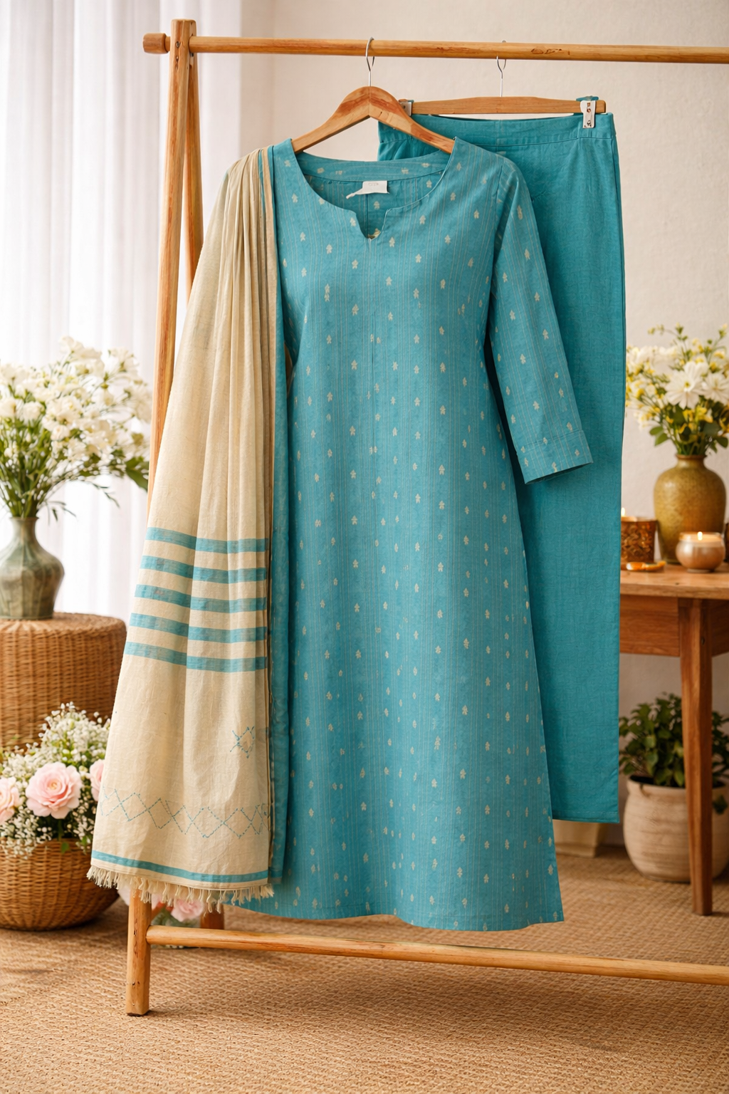 Women Rani Pink Straight Kurta Pant with Dupatta Set | Ethnic Printed Kurta Set for Women