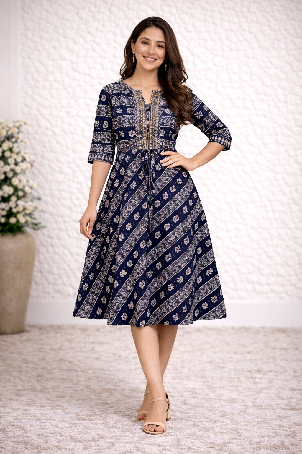Navy Blue Printed Cotton Anarkali Kurti for Women with 3/4 Sleeves