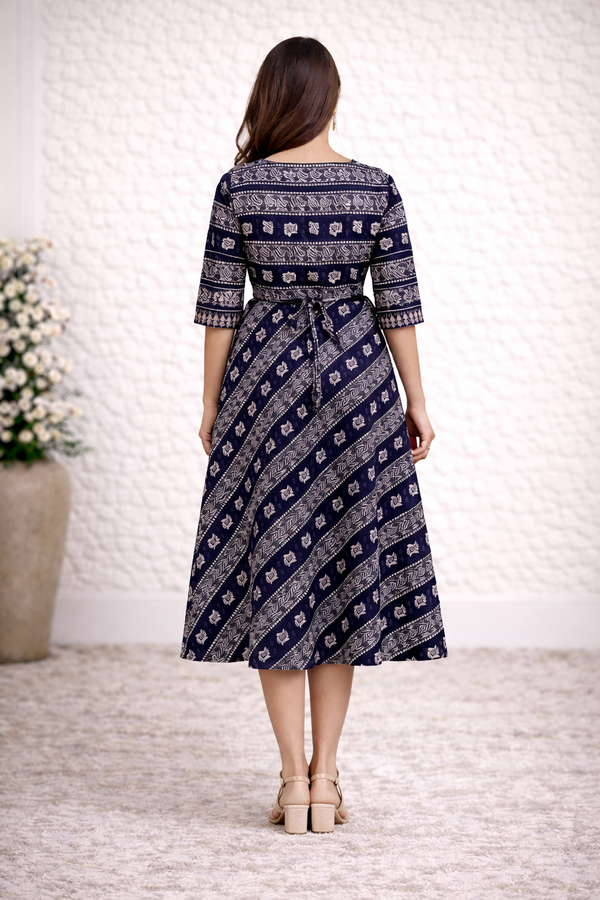 Navy Blue Printed Cotton Anarkali Kurti for Women with 3/4 Sleeves