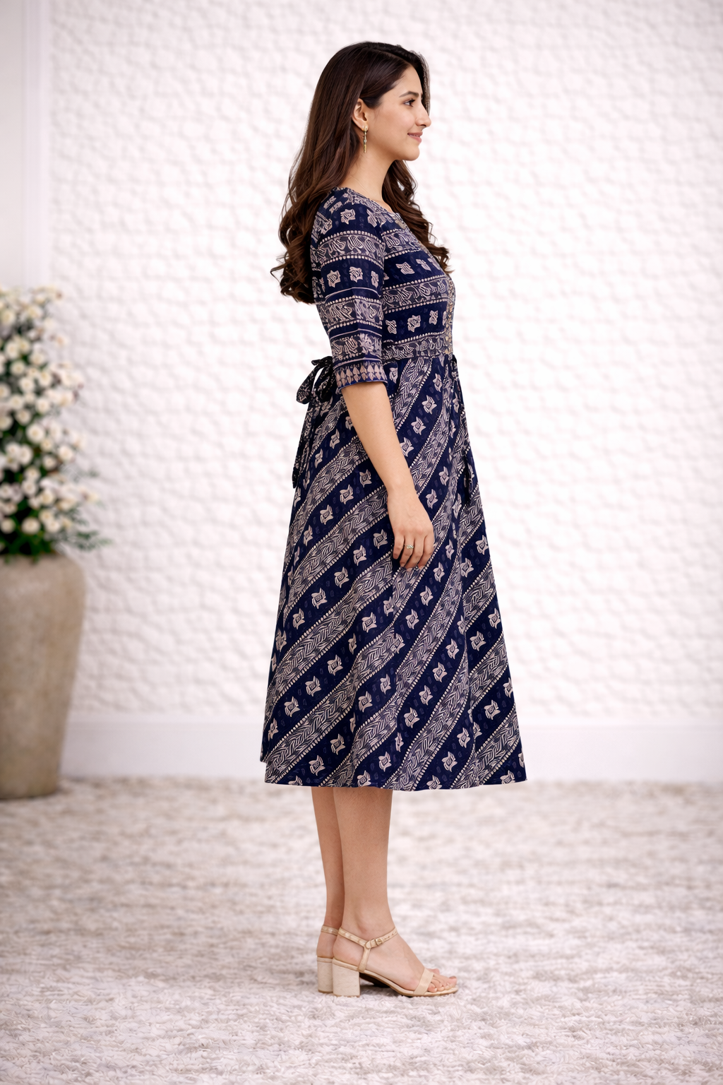 Navy Blue Printed Cotton Anarkali Kurti for Women with 3/4 Sleeves