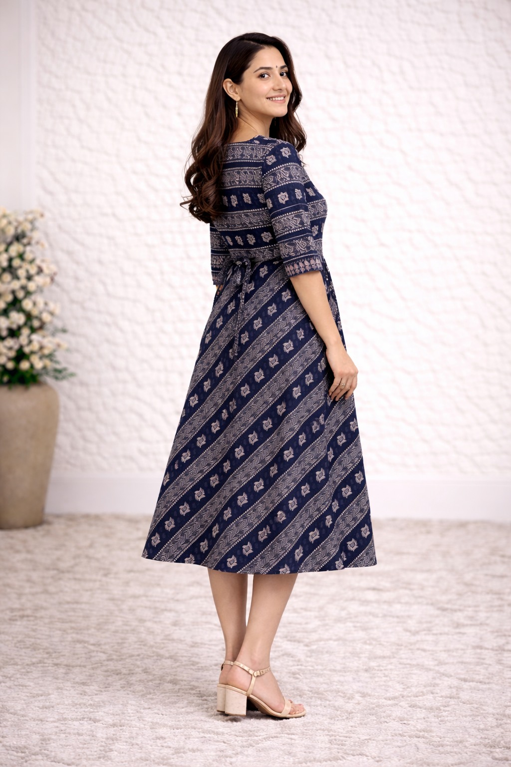 Navy Blue Printed Cotton Anarkali Kurti for Women with 3/4 Sleeves