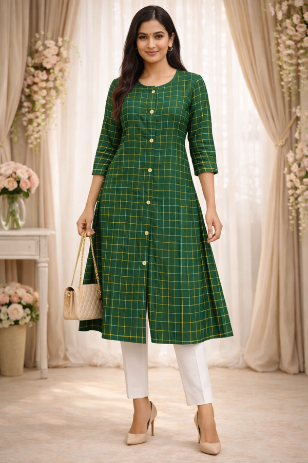 Women Green Checked A-Line Kurta | Button Front Kurti with 3/4 Sleeves