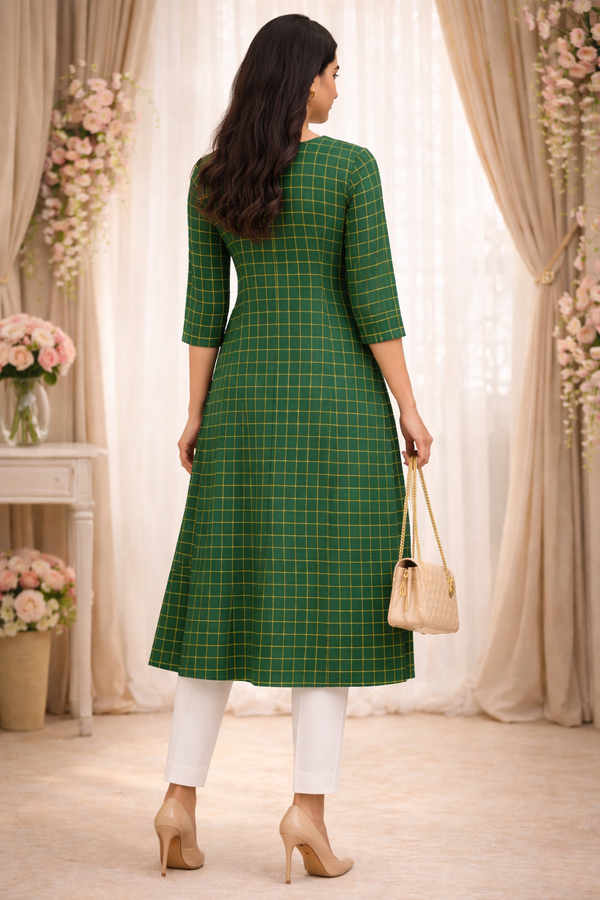 Women Green Checked A-Line Kurta | Button Front Kurti with 3/4 Sleeves