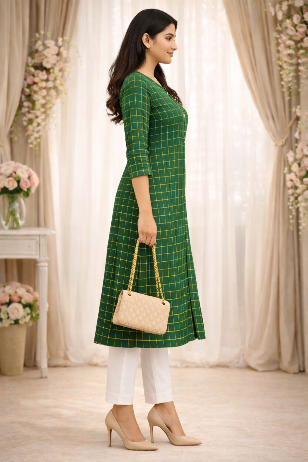 Women Green Checked A-Line Kurta | Button Front Kurti with 3/4 Sleeves