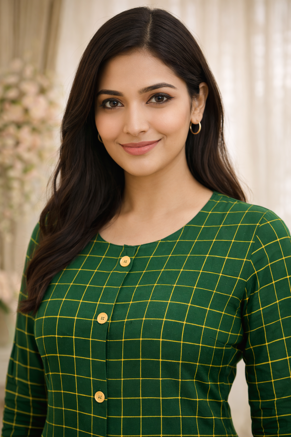 Women Green Checked A-Line Kurta | Button Front Kurti with 3/4 Sleeves