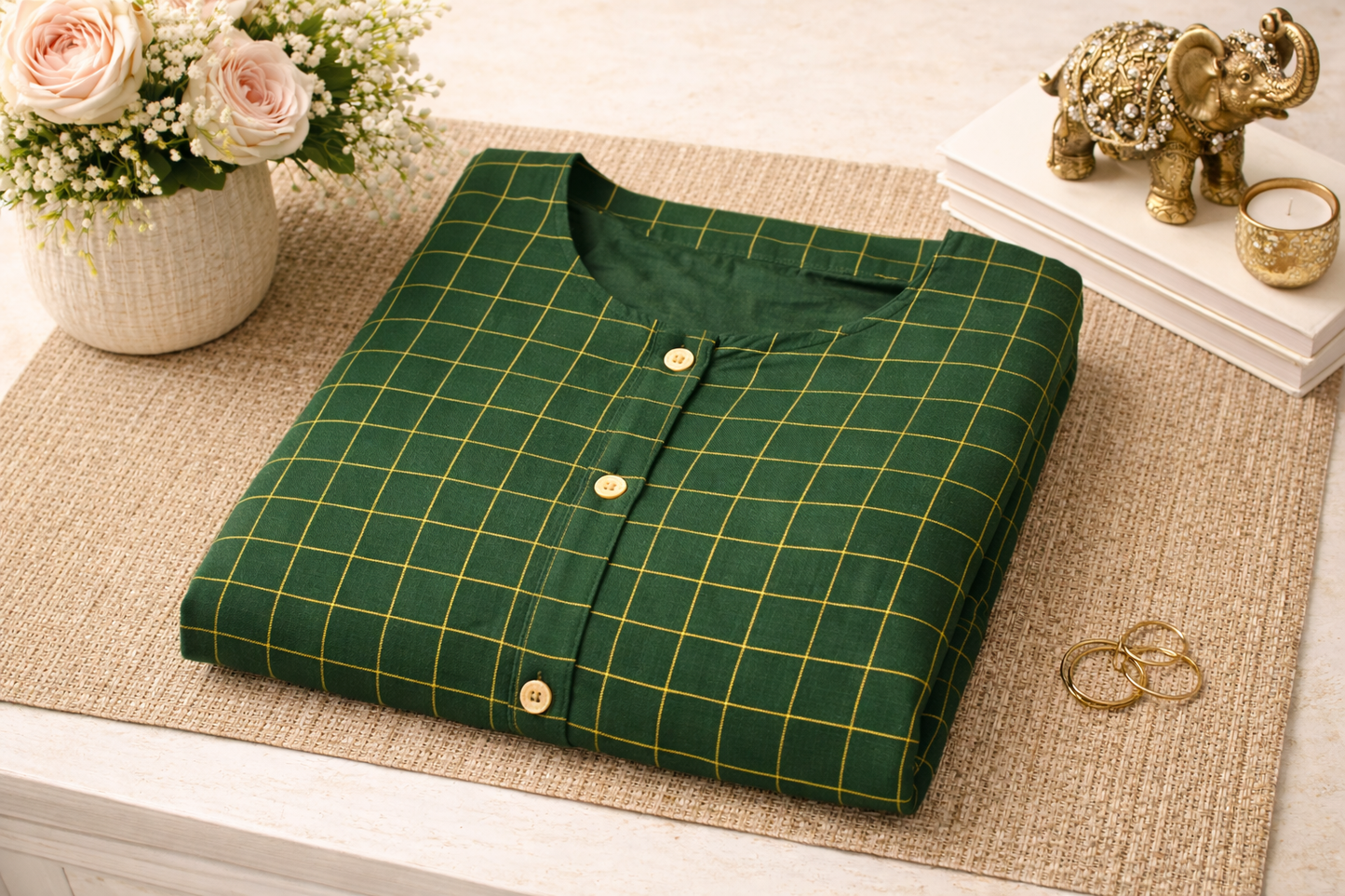 Women Green Checked A-Line Kurta | Button Front Kurti with 3/4 Sleeves