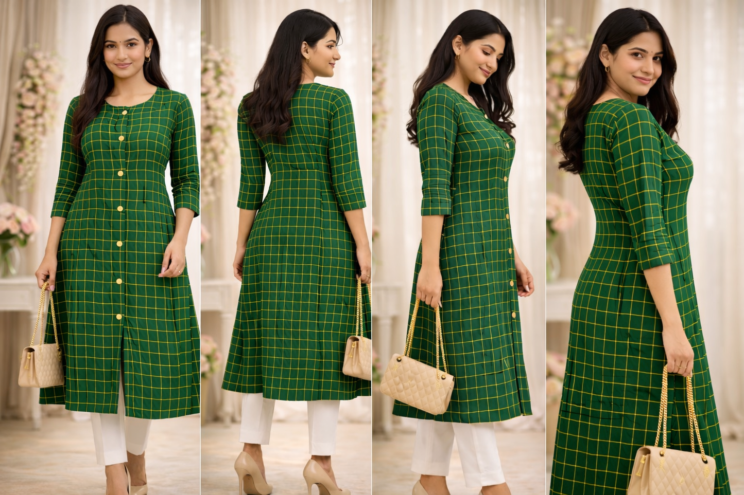 Women Green Checked A-Line Kurta | Button Front Kurti with 3/4 Sleeves