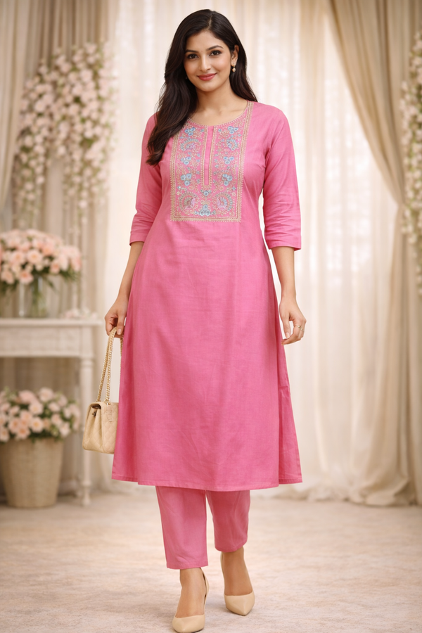 Women Pink Embroidered Straight Kurta Pant Set | Ethnic Daily Wear Kurti Set