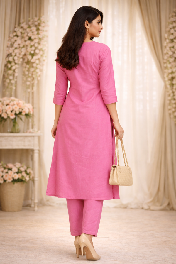 Women Pink Embroidered Straight Kurta Pant Set | Ethnic Daily Wear Kurti Set